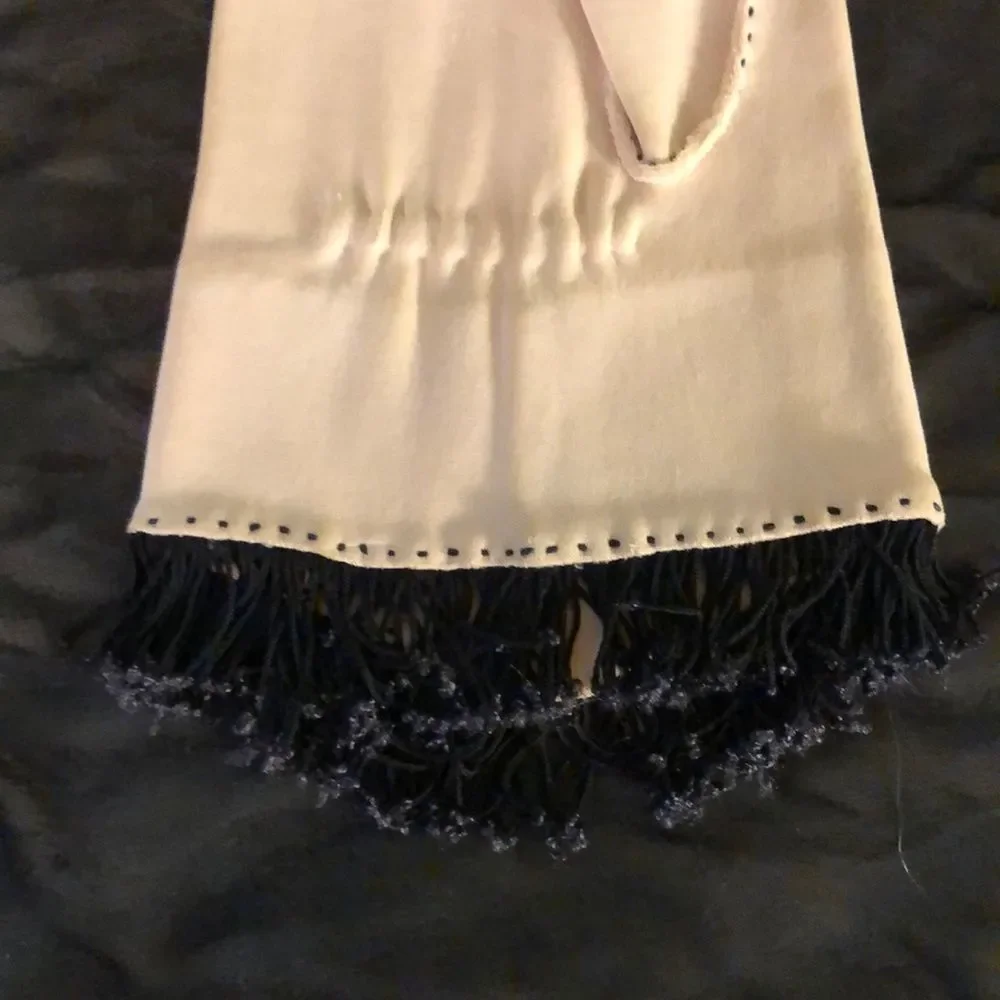 Vintage Ladies Cream Gloves Black Fringe Small